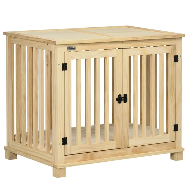 PawHut Wooden Dog Crate End Table w/ Double Doors, Furniture Style Dog Crate for Medium Dogs, Indoor Use w/ Soft Washable Cushion